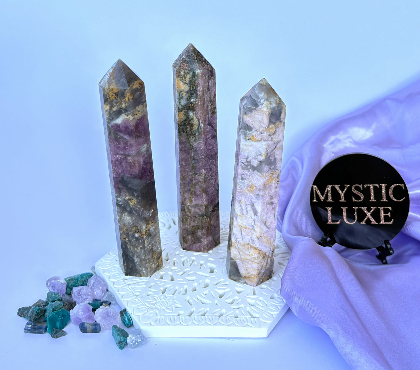 Pink Tourmaline and Smokey Quartz Towers