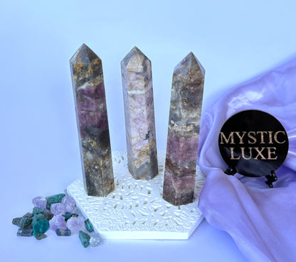 Pink Tourmaline and Smokey Quartz Towers