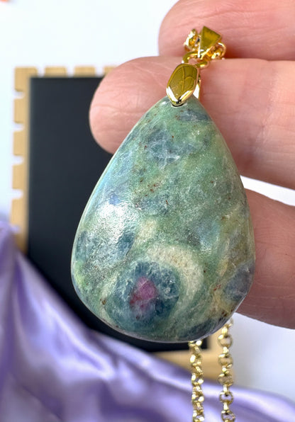 Ruby in Fuchsite Teardrop -Gold